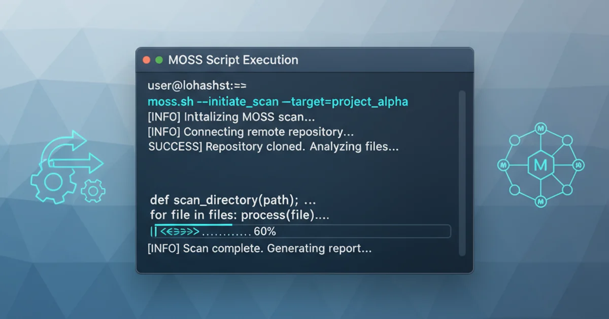 A stylized terminal window displaying MOSS script commands and output on a macOS desktop background.