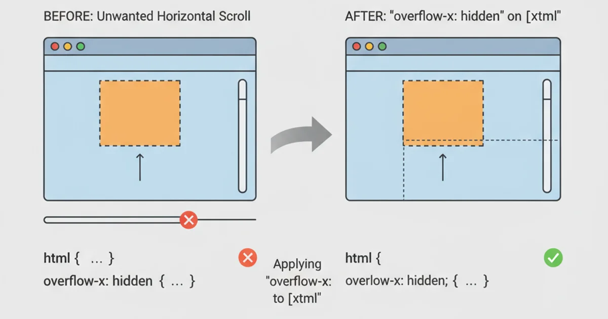 Comparison of a web page with an unwanted horizontal scrollbar versus the same page with overflow-x: hidden applied to <html>, removing the scrollbar.