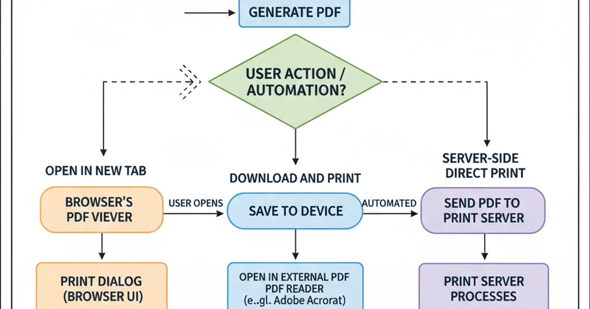 Flowchart showing options for printing a PDF: open in new tab, download and print, or server-side direct print.