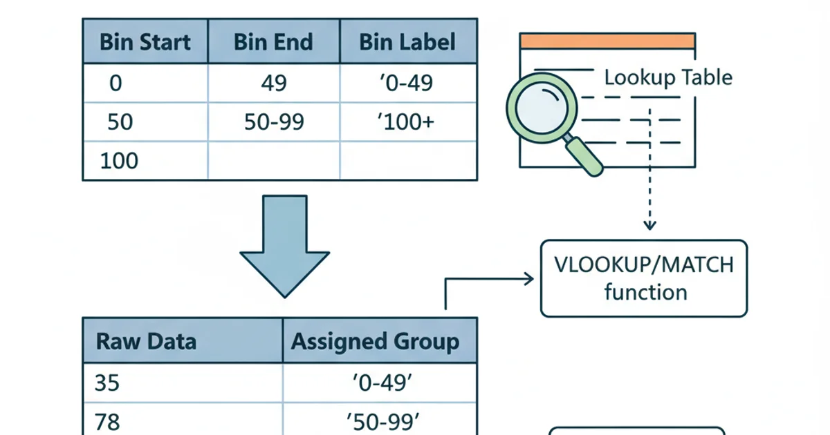 An Excel table showing bin boundaries and their corresponding labels, for example, '0-49', '50-99', '100+'.