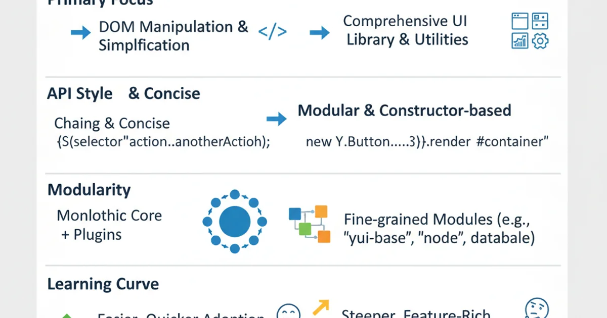 A visual comparison table highlighting key differences between jQuery and YUI across categories like 'Primary Focus', 'API Style', 'Modularity', 'Learning Curve', and 'Typical Use Case'.