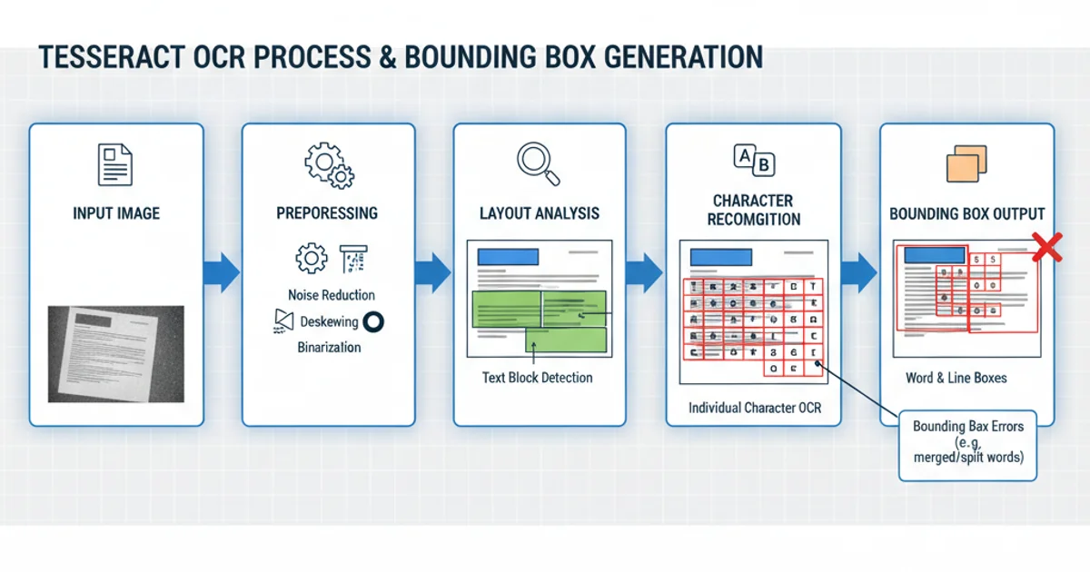 A diagram illustrating Tesseract's OCR process: Input Image -> Preprocessing -> Layout Analysis -> Character Recognition -> Bounding Box Output. Arrows connect each step. Preprocessing shows filters, Layout Analysis shows text blocks, Character Recognition shows individual characters. Clean, technical style.
