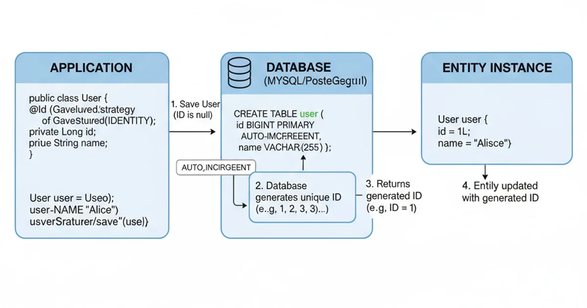 Diagram showing the flow of an entity being saved with GenerationType.IDENTITY, where the database assigns the ID.