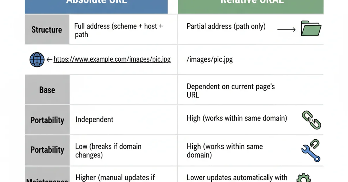 A table comparing absolute and relative URLs across various criteria like portability, maintenance, and use cases.