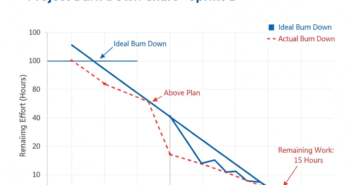 Screenshot of an Excel burn down chart with ideal and actual burn down lines, clearly labeled axes, and a descriptive title.