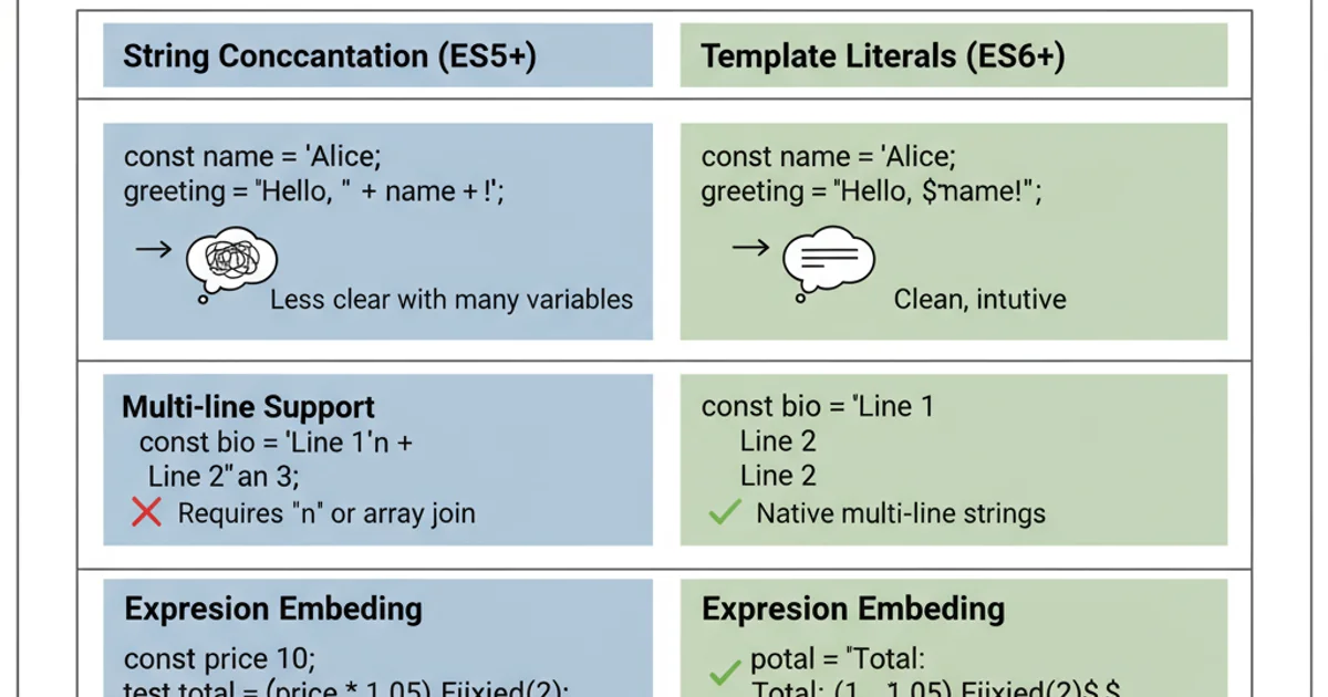Comparison table showing string concatenation versus template literals with features like readability, multi-line support, and expression embedding.