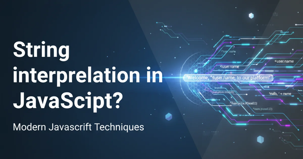 Abstract illustration of code snippets merging into a single string, representing string interpolation.