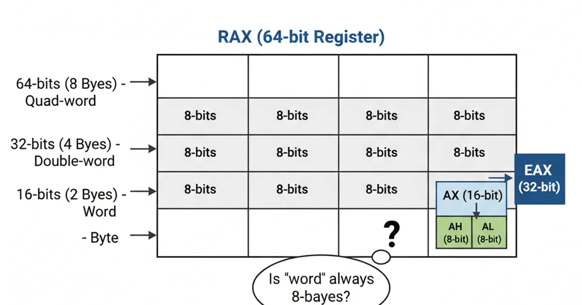 Diagram showing the breakdown of the RAX register into its 64-bit, 32-bit, 16-bit, and 8-bit components (RAX, EAX, AX, AL/AH).