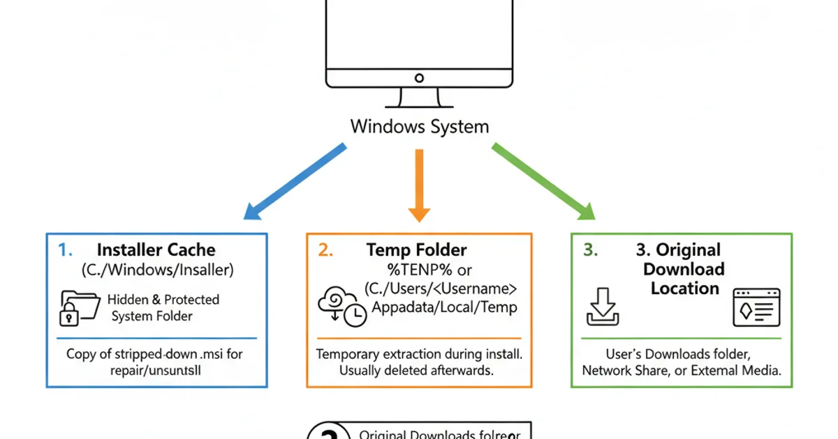Diagram illustrating different potential locations for MSI files: Installer Cache, Temp folder, and original download location.