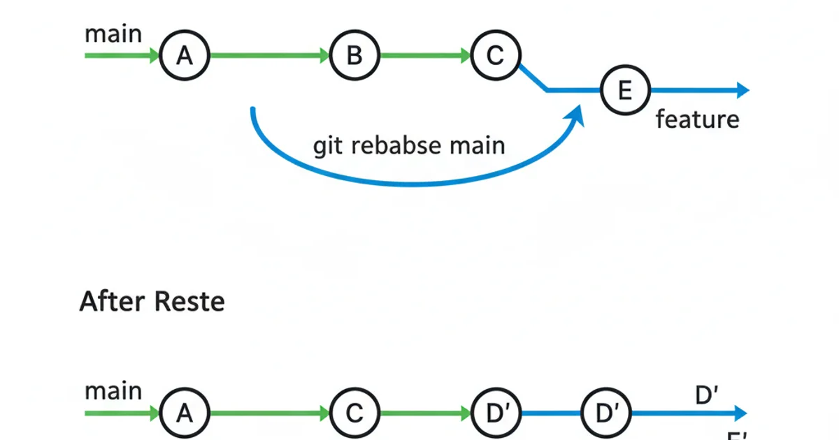 A Git rebase workflow diagram. Branch 'main' has commits A, B, C. Branch 'feature' branches off C and has commits D, E. Rebasing 'feature' onto 'main' results in 'feature' having new commits D', E' that come after C on 'main'. The history becomes linear. Use green for main branch, blue for feature branch.