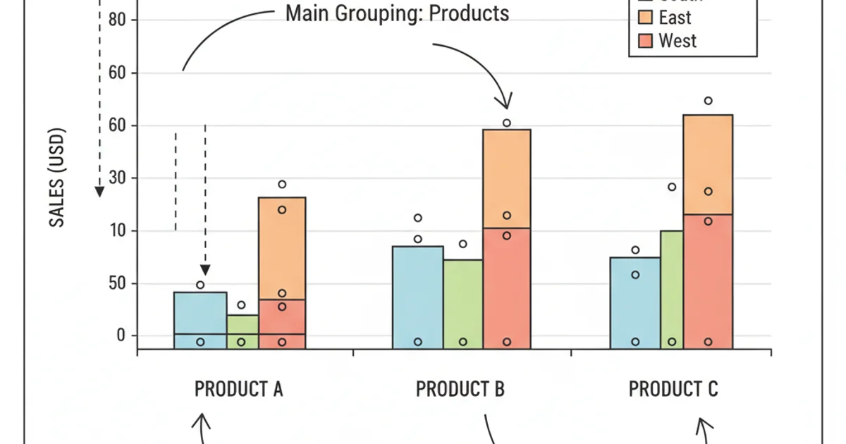 A grouped box plot showing sales distribution for products A, B, and C, with each product group further divided by regions North, South, East, and West, each represented by a different color.