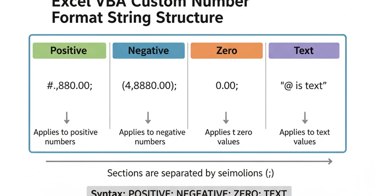 Diagram illustrating the four sections of a custom number format string: Positive; Negative; Zero; Text.