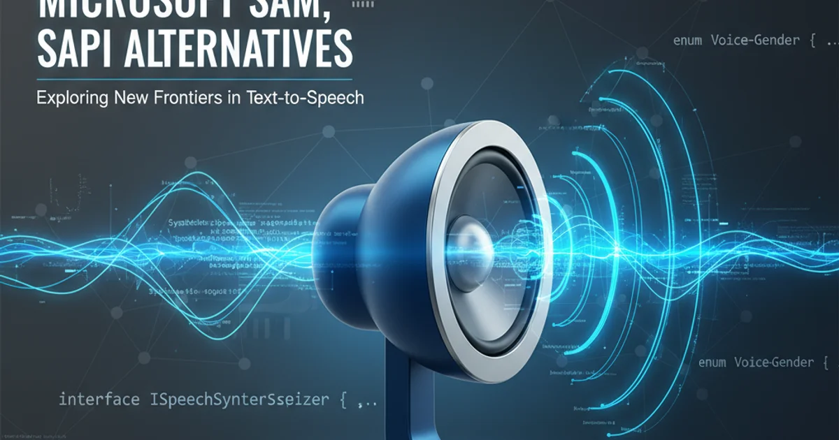 A stylized illustration of sound waves emanating from a speaker icon, with code snippets subtly integrated into the background, representing text-to-speech technology.