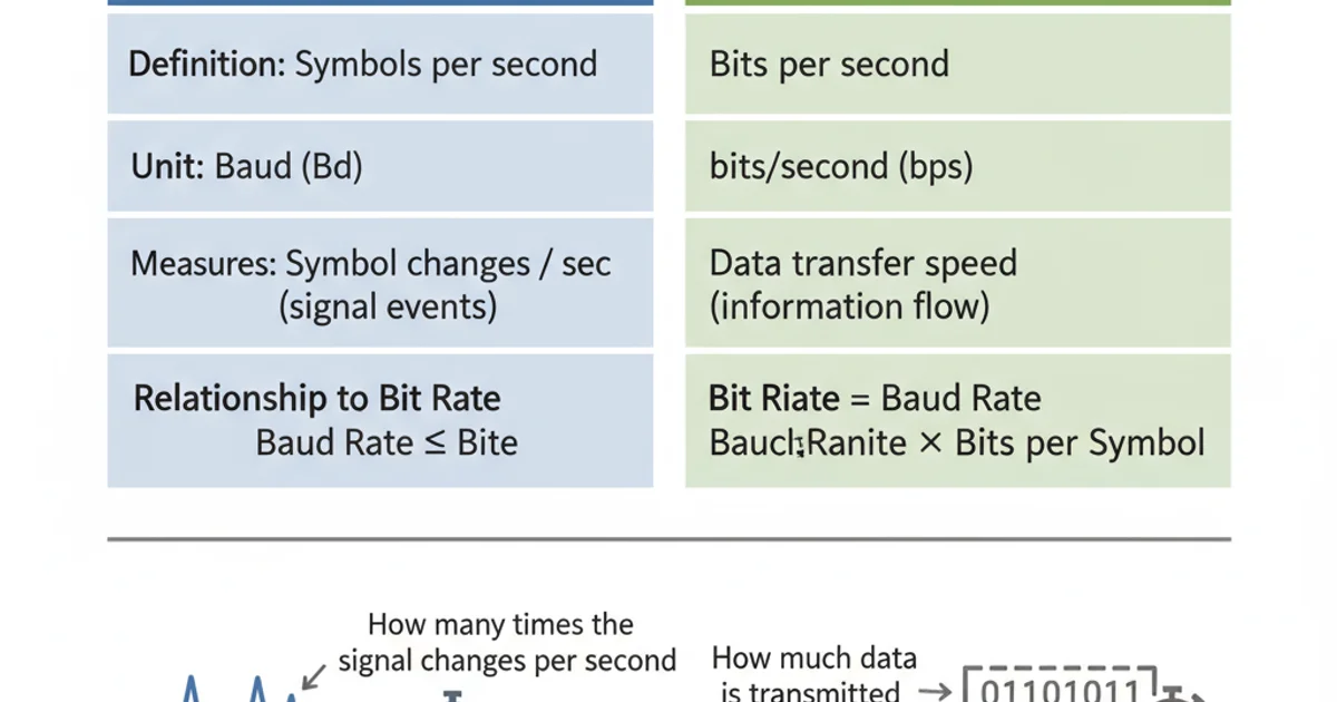A table comparing baud rate and bit rate, highlighting their definitions, units, what they measure, and their relationship.