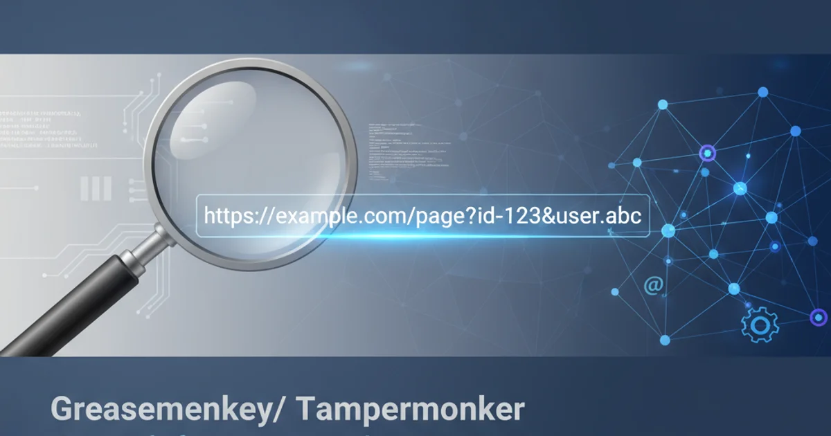 A magnifying glass hovering over a URL with parameters, symbolizing precise matching for userscripts.