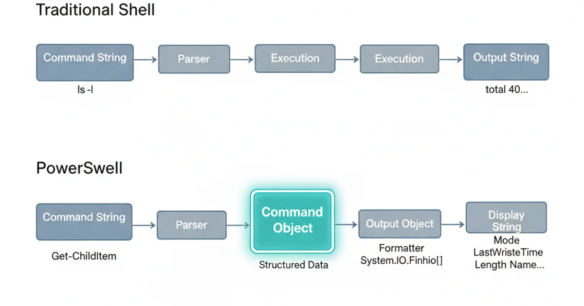 A conceptual diagram illustrating the difference between traditional shell command execution and PowerShell's object-oriented execution. Traditional shell shows 'Command String -> Execution -> Output String'. PowerShell shows 'Command String -> Parser -> Command Object -> Execution -> Output Object -> Formatter -> Display String'. Highlight the 'Command Object' stage in PowerShell.