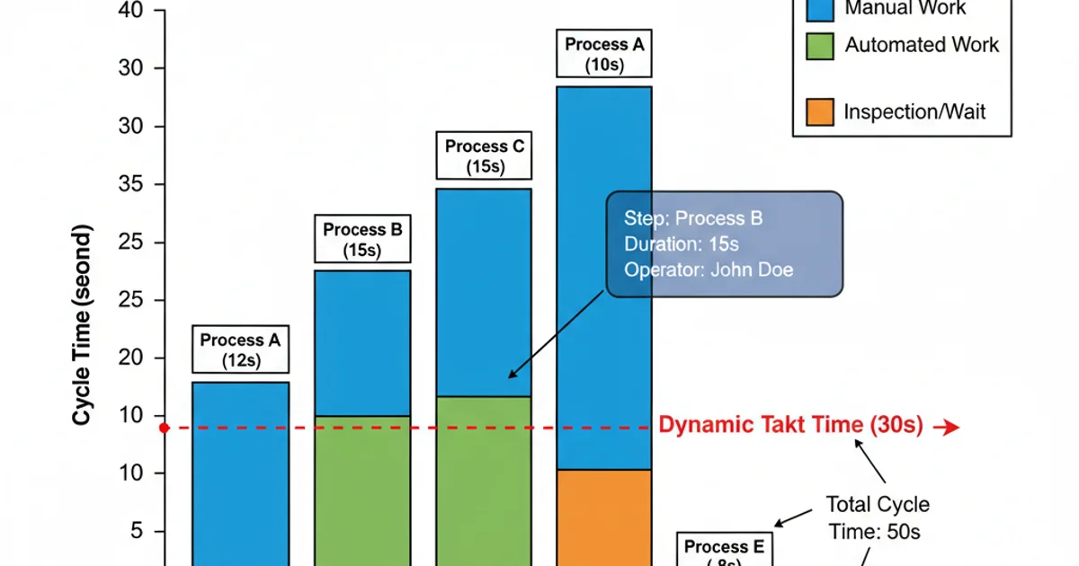 A customized Yamazumi chart with tooltips, a dynamic Takt Time line, and a clear legend.