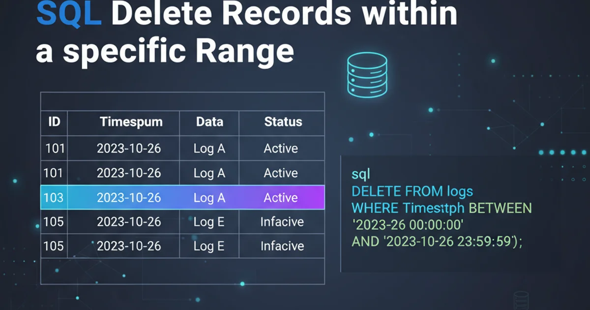 Database table with a section highlighted, representing a range of records to be deleted.