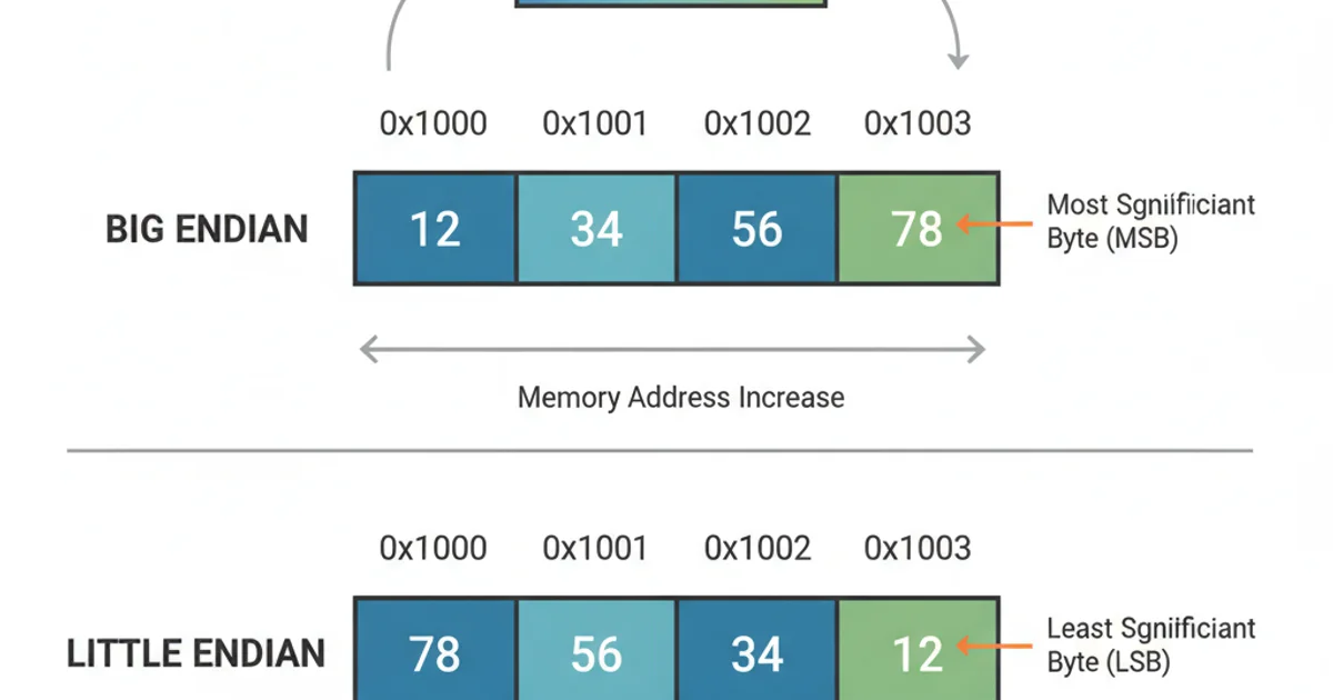 A visual comparison showing how the 32-bit hexadecimal number 0x12345678 is stored in memory for both Big Endian and Little Endian systems, with memory addresses increasing from left to right.