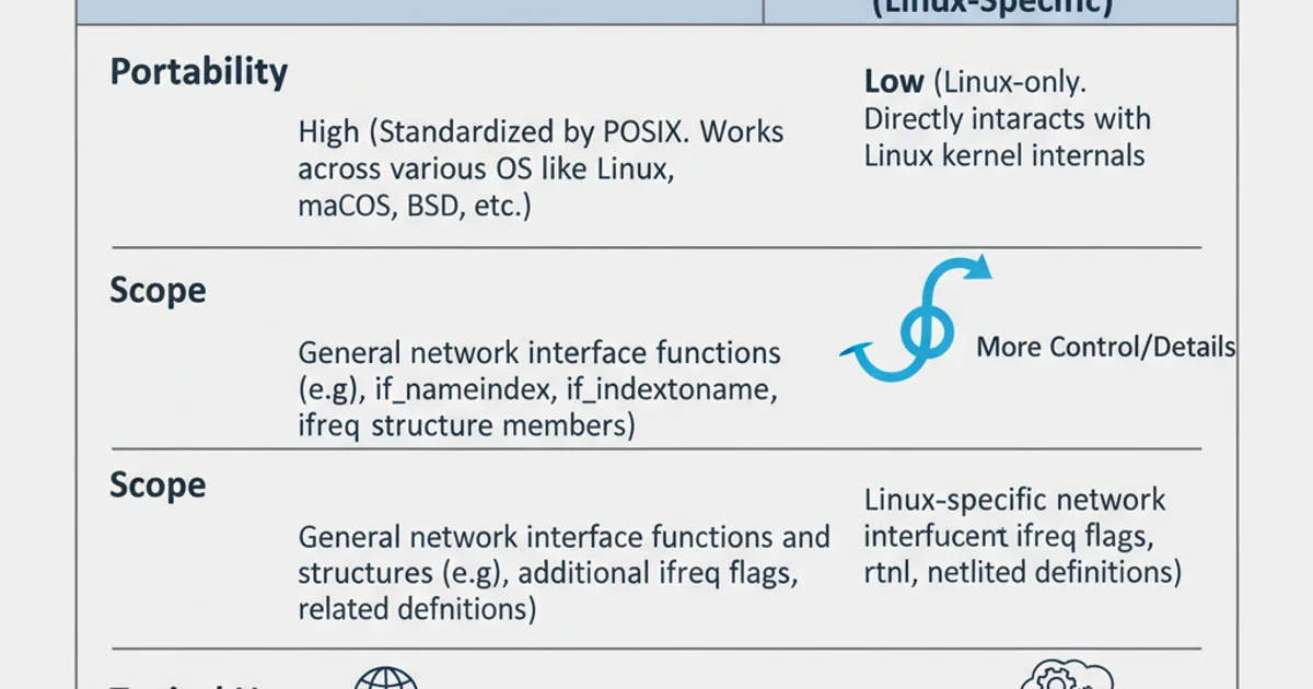 A table comparing the characteristics of net/if.h and linux/if.h, highlighting portability, scope, and typical usage.