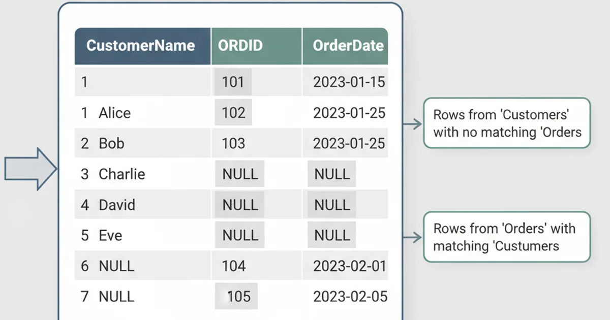 Table showing the results of a full outer join with CustomerID, CustomerName, OrderID, and OrderDate columns, including nulls for non-matching rows.