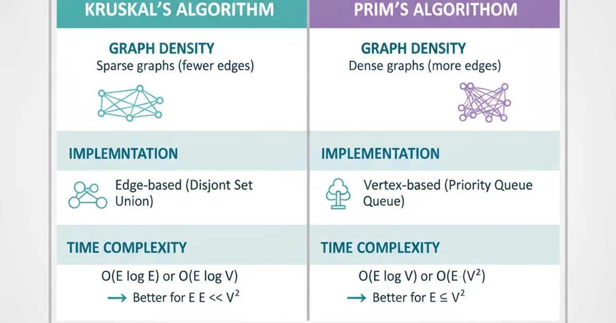 Table comparing Kruskal's and Prim's algorithms based on graph density, implementation, and time complexity.