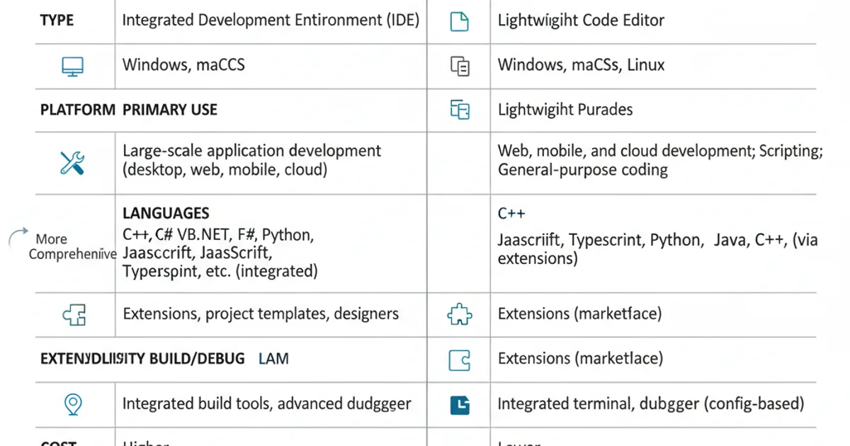 Table comparing Visual Studio and Visual Studio Code across various criteria like type, platform, and primary use cases.