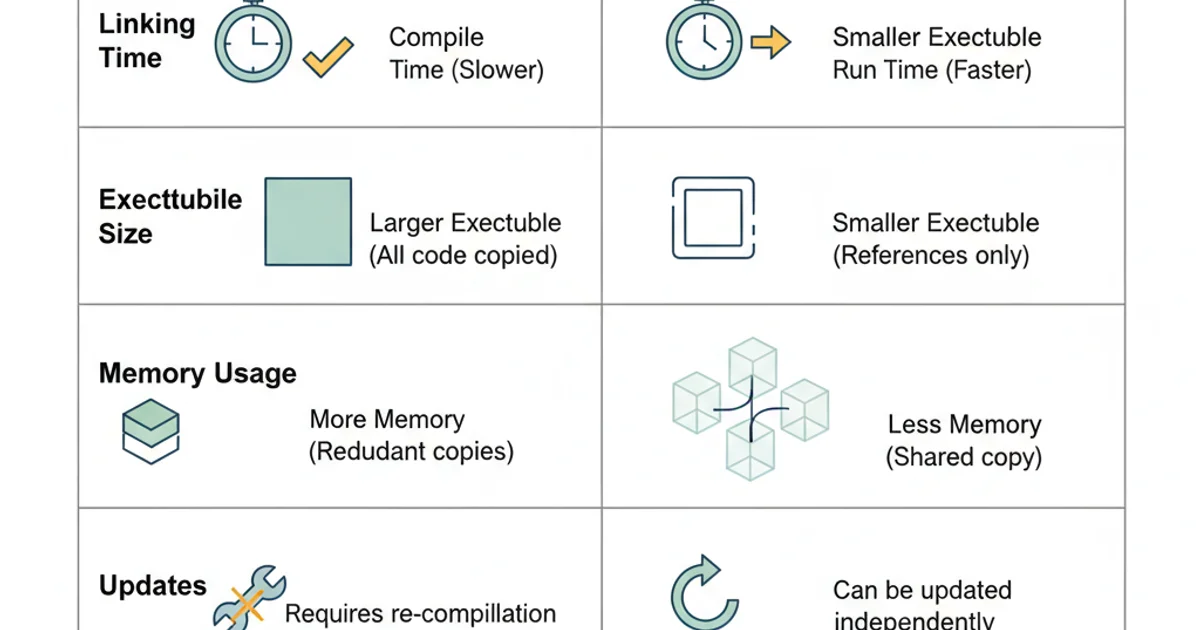 Table comparing static and dynamic libraries based on linking time, executable size, memory usage, updates, and dependencies.