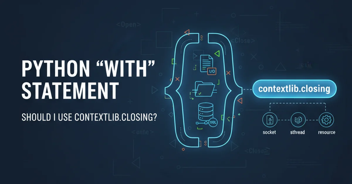 Abstract illustration of a Python 'with' statement encompassing various resource types, with a 'closing' label highlighting its role for non-context manager objects.