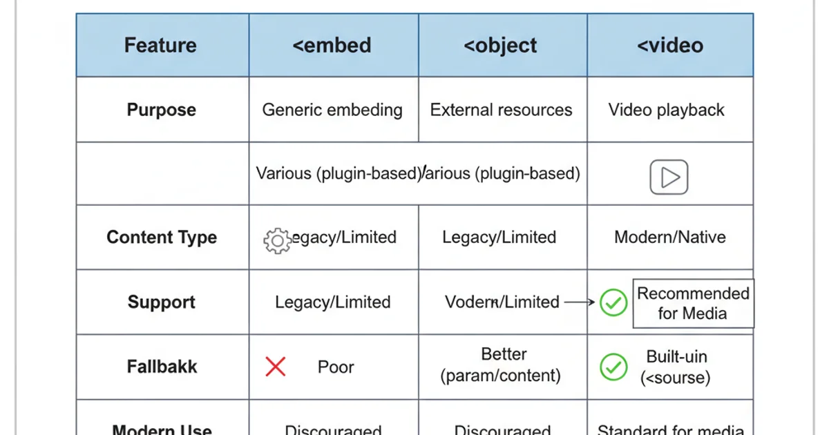 A comparison table highlighting features of embed, object, and video tags.