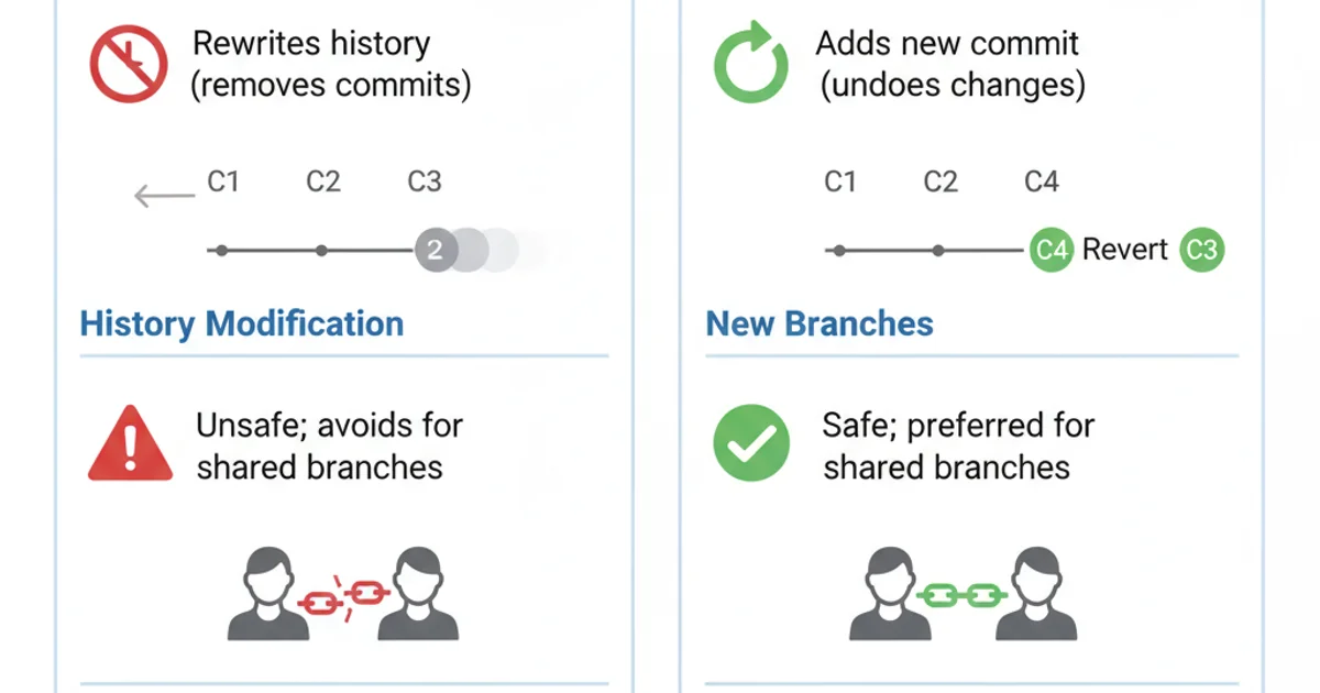 Comparison table showing the differences between git reset and git revert, including history modification, safety for shared branches, and new commit creation.