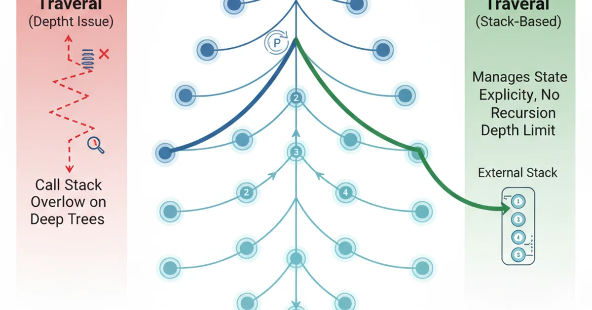 Conceptual diagram showing a deep tree structure and how iterative traversal avoids recursion depth limits