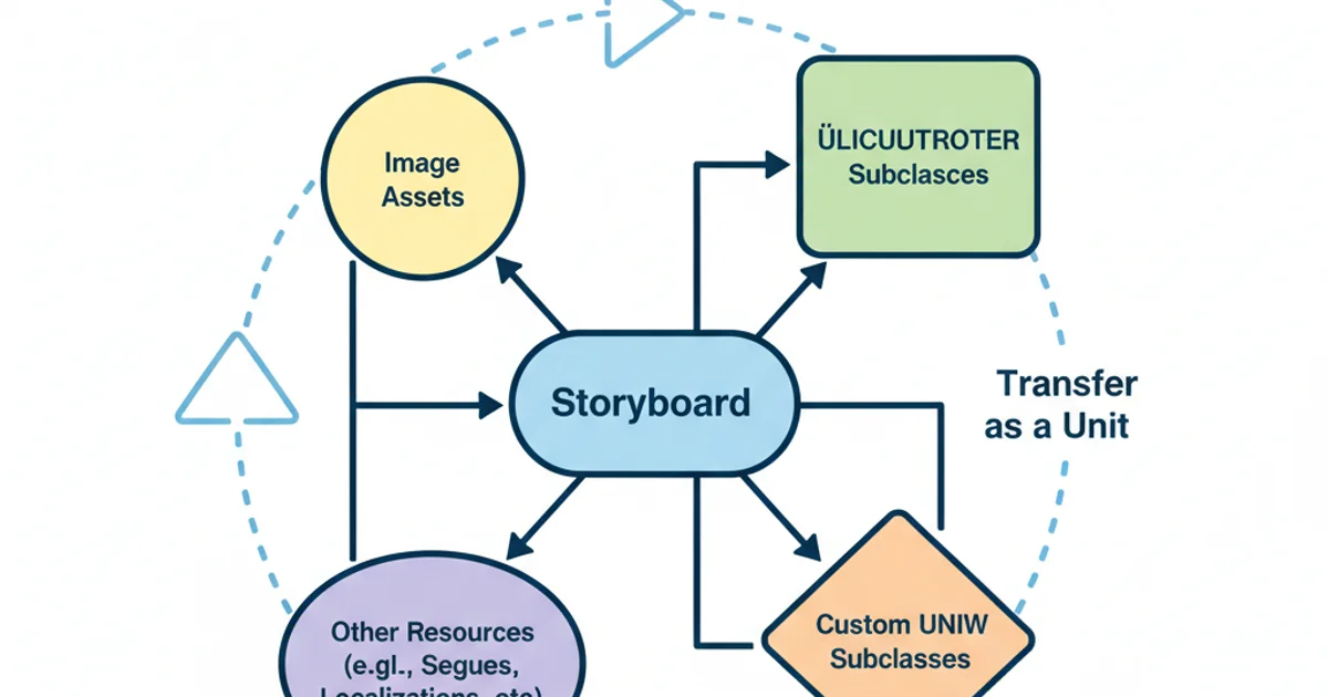 A dependency diagram showing a central 'Storyboard' node connected to 'UIViewController Subclasses', 'Custom UIView Subclasses', 'Image Assets', and 'Other Resources' nodes. Arrows point from Storyboard to its dependencies, illustrating what needs to be moved together. Use a clean, technical style with distinct node shapes.