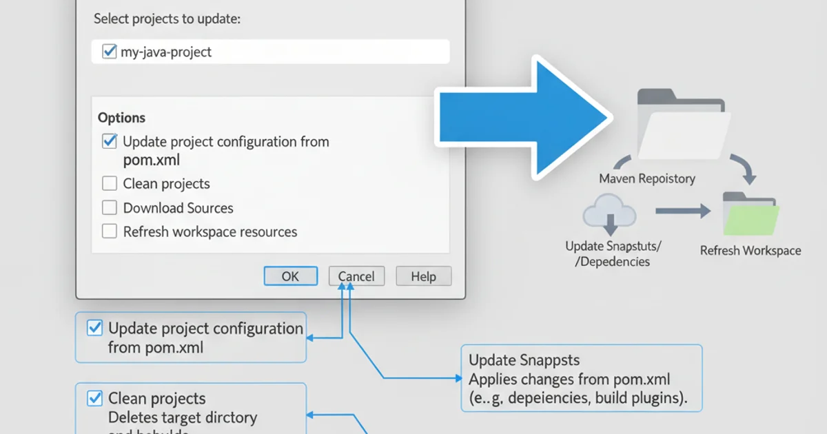 Screenshot of the Maven Update Project dialog in Eclipse with options highlighted