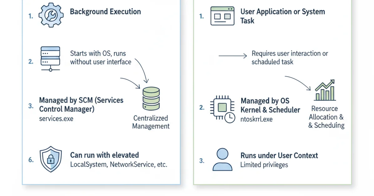 Comparison table outlining differences between Windows Services and Windows Processes.
