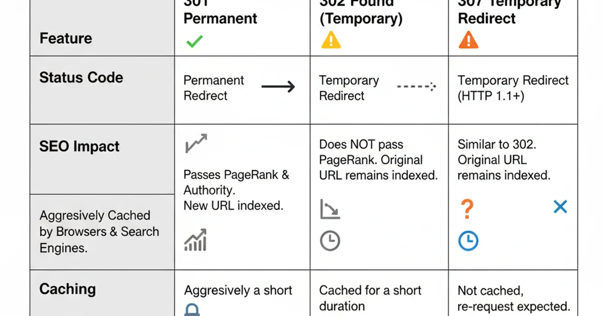 Comparison table showing the differences between 301, 302, and 307 HTTP redirect status codes, including their impact on SEO and caching.