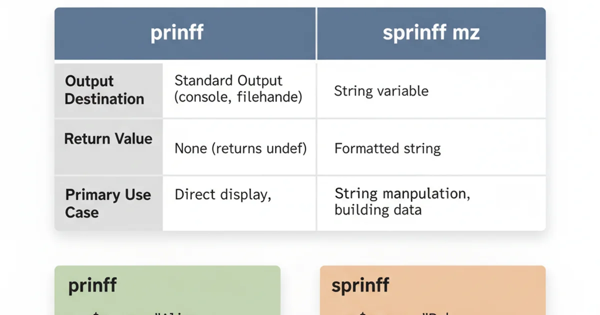 A comparison table illustrating the key differences between Perl's printf and sprintf. The table has two columns, one for printf and one for sprintf, and rows for 'Output Destination', 'Return Value', and 'Primary Use Case'. printf shows 'Standard Output (console, filehandle)', 'None (returns undef)', and 'Direct display, logging'. sprintf shows 'String variable', 'Formatted string', and 'String manipulation, building data'.