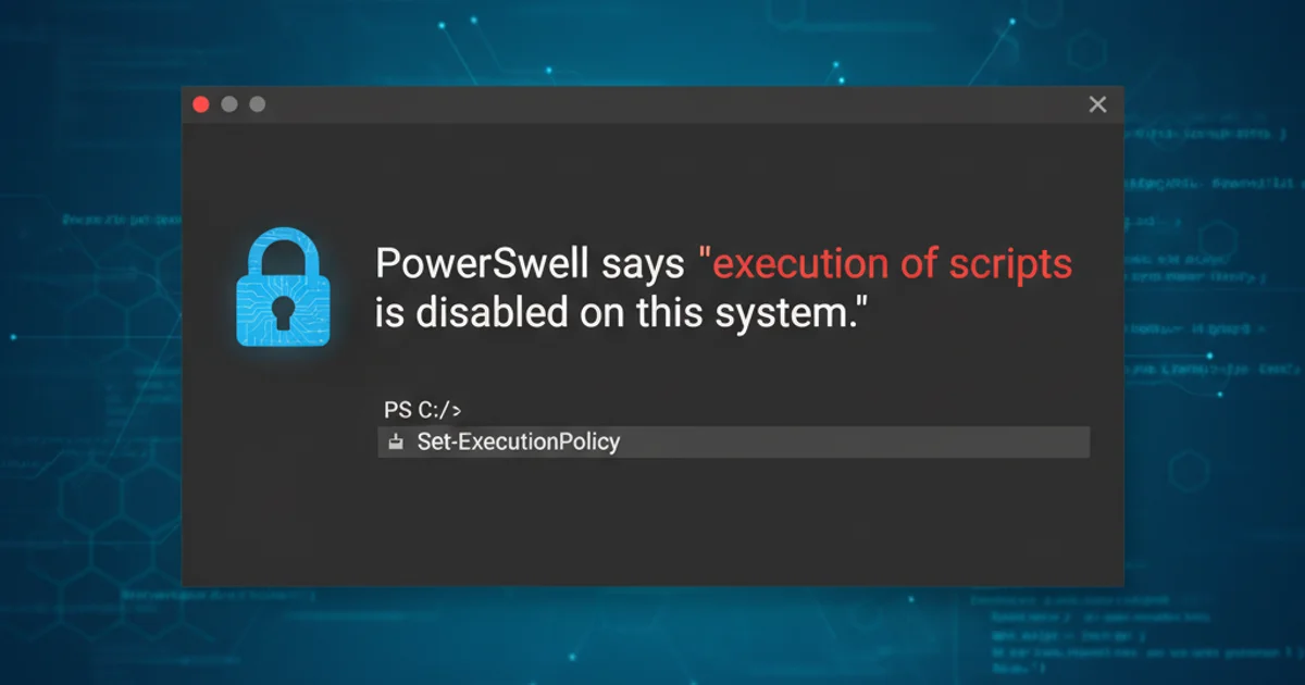 PowerShell console showing an error message about script execution being disabled, with a padlock icon symbolizing security.