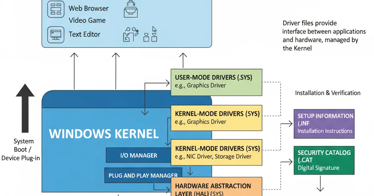 Diagram showing the relationship between hardware, kernel, driver files (.SYS, .INF, .CAT), and user applications