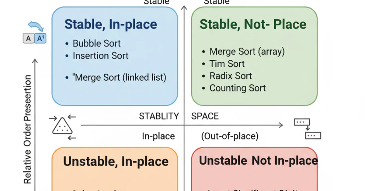 A 2x2 matrix showing the four combinations of stable/unstable and in-place/not in-place sorting algorithms, with examples for each quadrant.