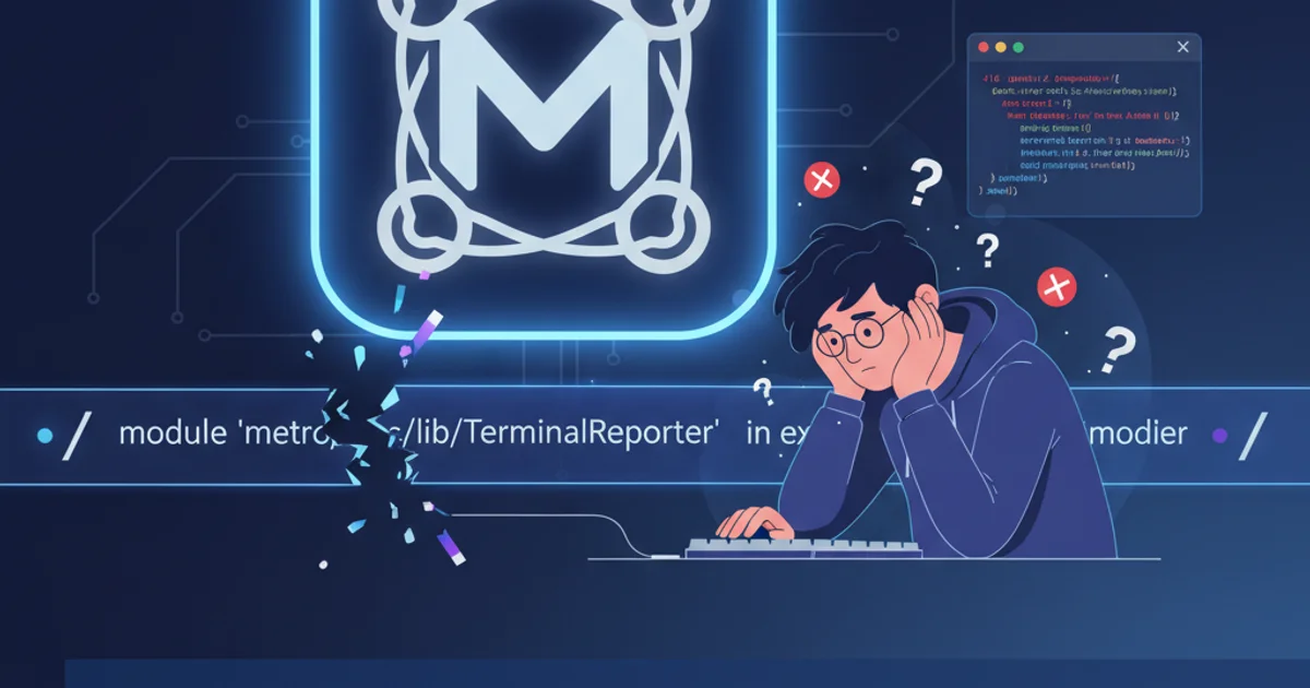 Illustration of a broken module path leading to a frustrated developer, with a Metro bundler icon in the background.
