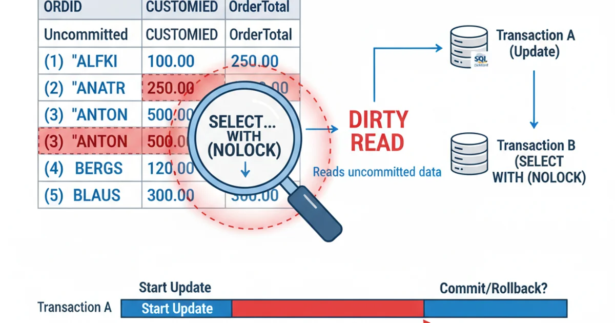 Illustration of a database table with some rows highlighted in red (uncommitted) and a magnifying glass reading them, symbolizing a dirty read.