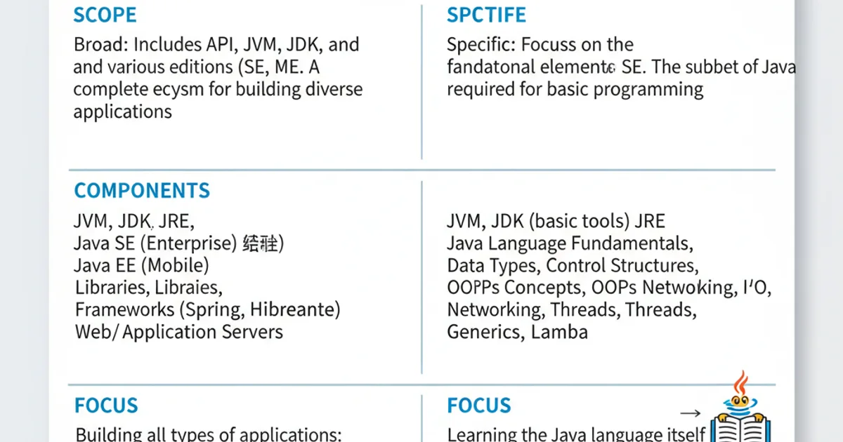 Table comparing Java and Core Java across various aspects like scope, components, and focus.