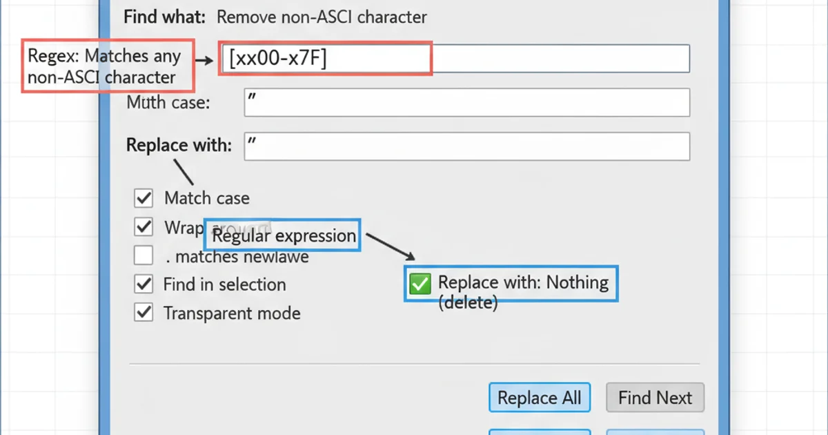 Notepad++ Replace dialog with the regex [^\x00-\x7F] entered in 'Find what' and 'Regular expression' selected.