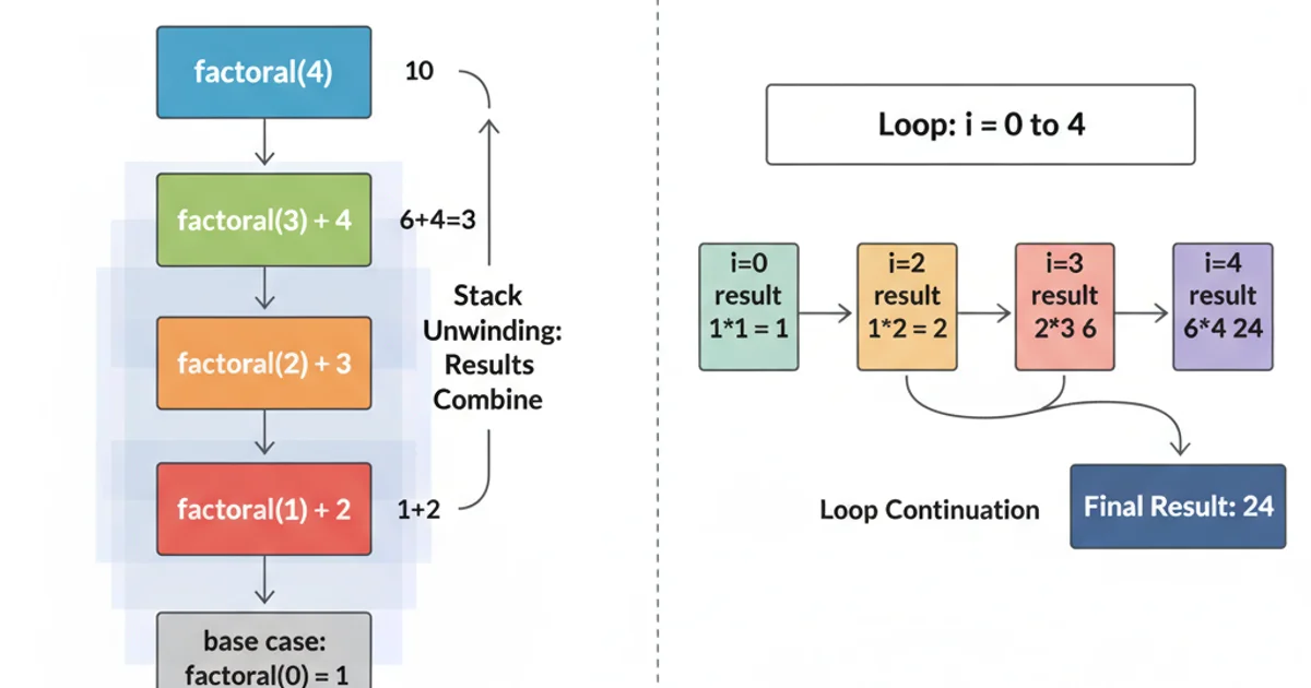 Comparison of recursive function calls building a stack versus iterative loop execution