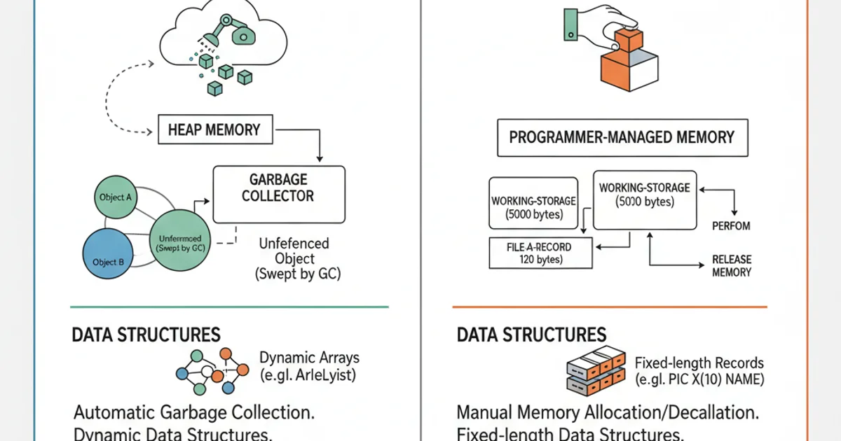 Diagram illustrating Java's garbage collection versus COBOL's manual memory management and fixed-length data structures.