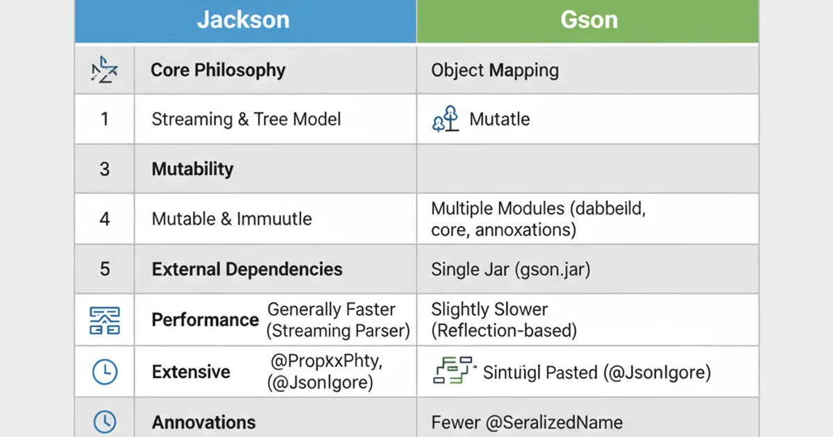 Comparison table highlighting key differences between Jackson and Gson libraries for JSON parsing in Java.
