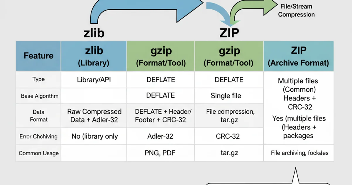 A comparison table outlining the key features and differences between zlib, gzip, and zip.
