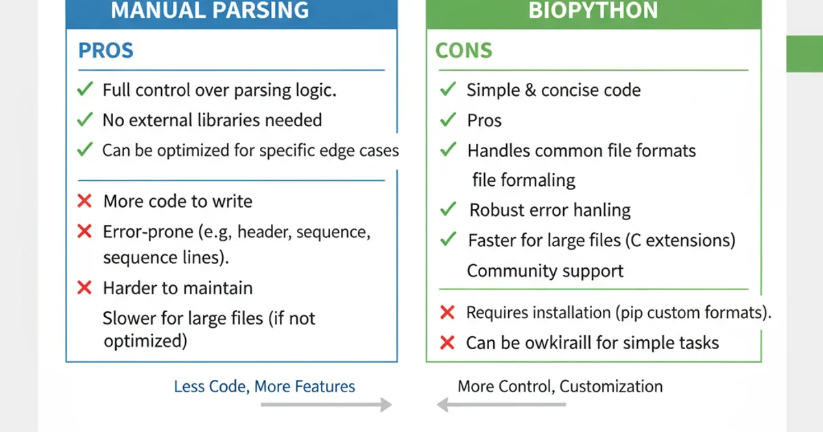 Comparison table showing pros and cons of manual parsing versus Biopython for FASTA files.