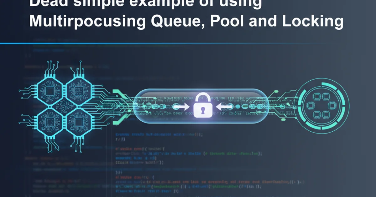Illustration of multiple CPU cores working together, with data flowing through a queue and a lock icon symbolizing synchronization.